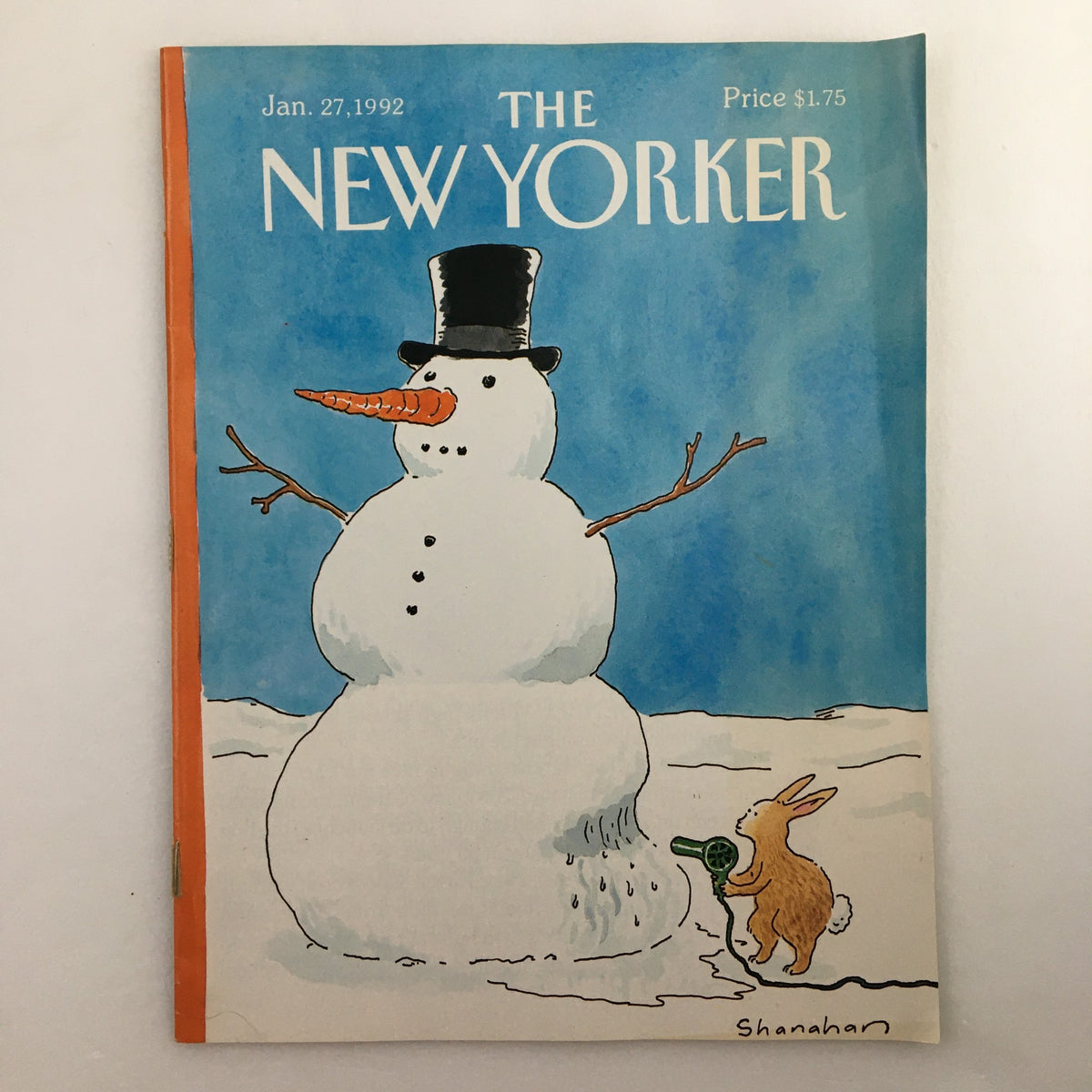 The New Yorker Full Magazine January 27 1992 featuring the cover art 'Snow Man' by Danny Shanahan, depicting a snowman with a hat and carrot nose against a blue background.