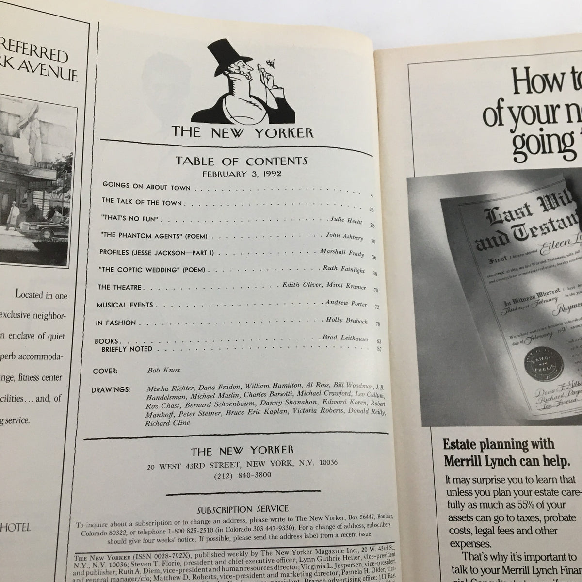 The New Yorker Full Magazine February 3 1992 showcasing the table of contents, highlighting articles and features from that issue.