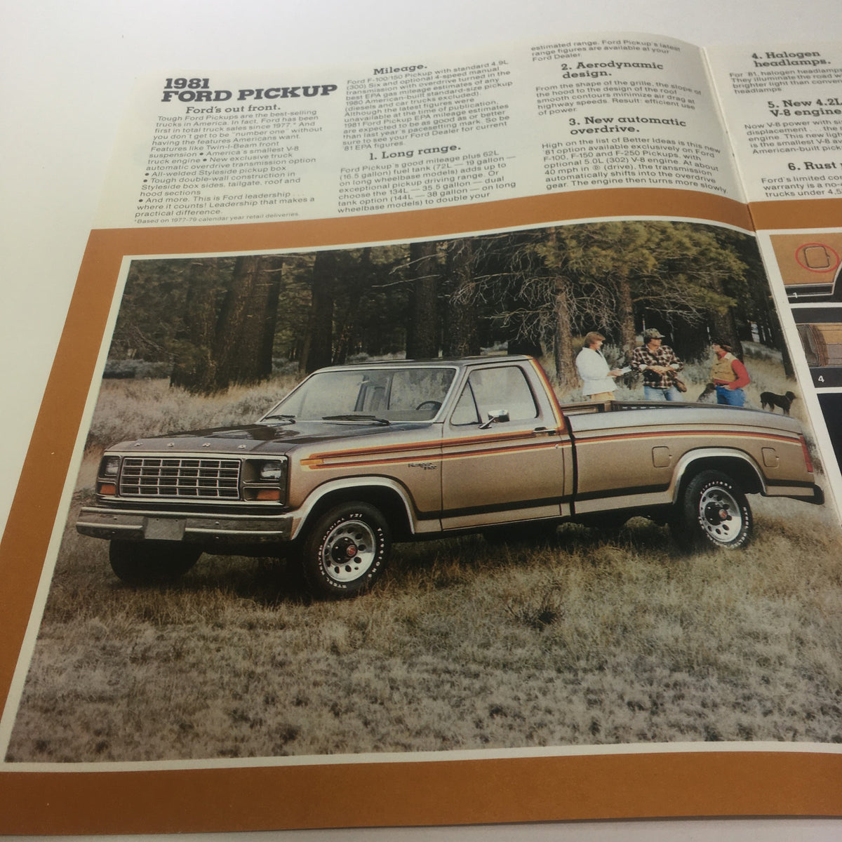 1981 Ford Pickup New 4.2L (255) V-8 Truck Engine brochure interior page showing a Ford pickup parked in a natural setting with people.