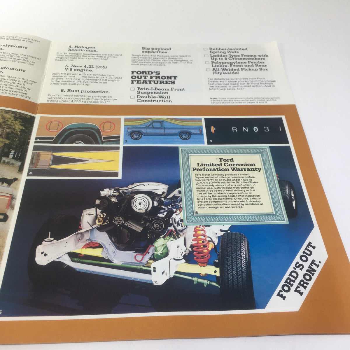 1981 Ford Pickup New 4.2L (255) V-8 Truck Engine brochure showcasing a detailed illustration of the Ford truck's engine and chassis.