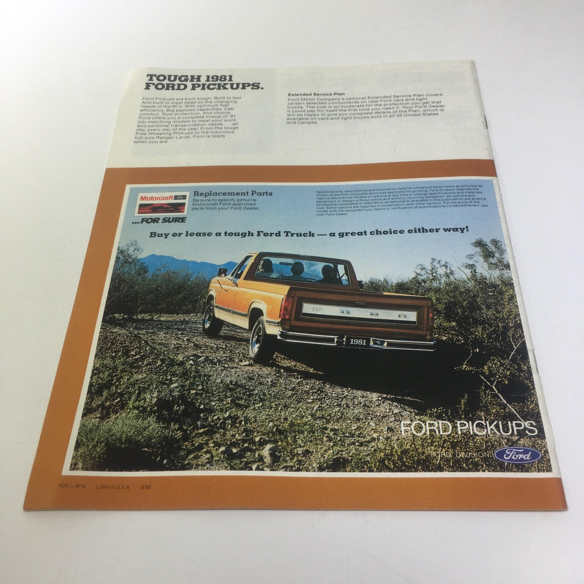 1981 Ford Pickup New 4.2L (255) V-8 Truck Engine sale brochure featuring a rear view of a pickup truck driving through a scenic landscape.