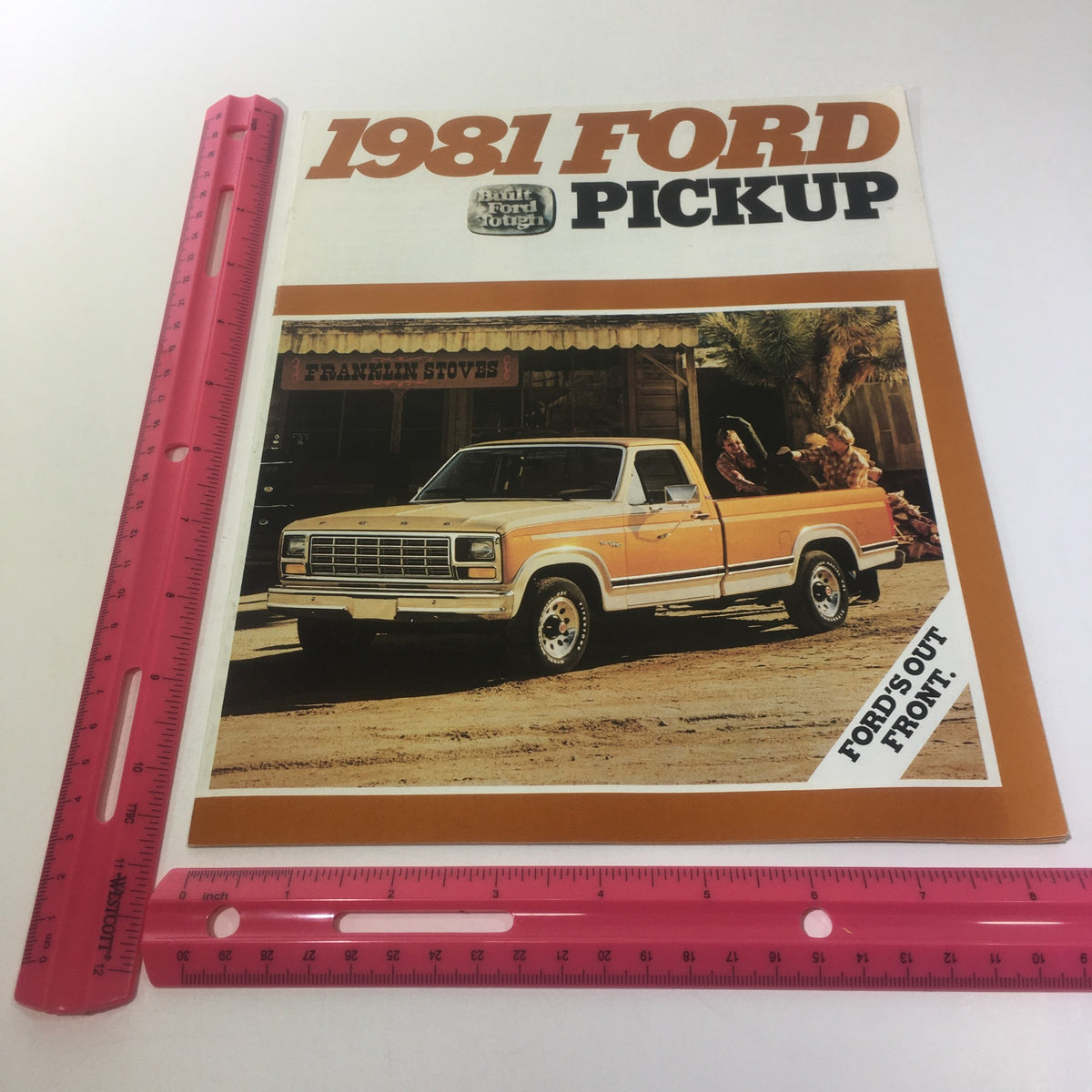 1981 Ford Pickup New 4.2L (255) V-8 Truck Engine sale brochure showcasing a Ford pickup parked in front of a store, highlighting its distinctive design.