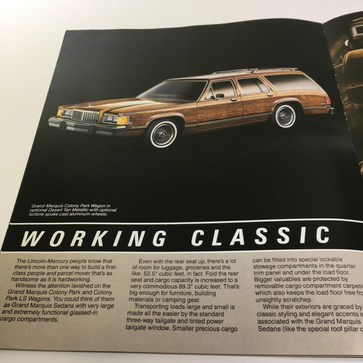 1983 Mercury Grand Marquis Class Act Fuel-Injected 5.0 L V-8 Engine Car brochure highlighting the wooden paneling and rear storage in the Grand Marquis Colony Park Station Wagon.