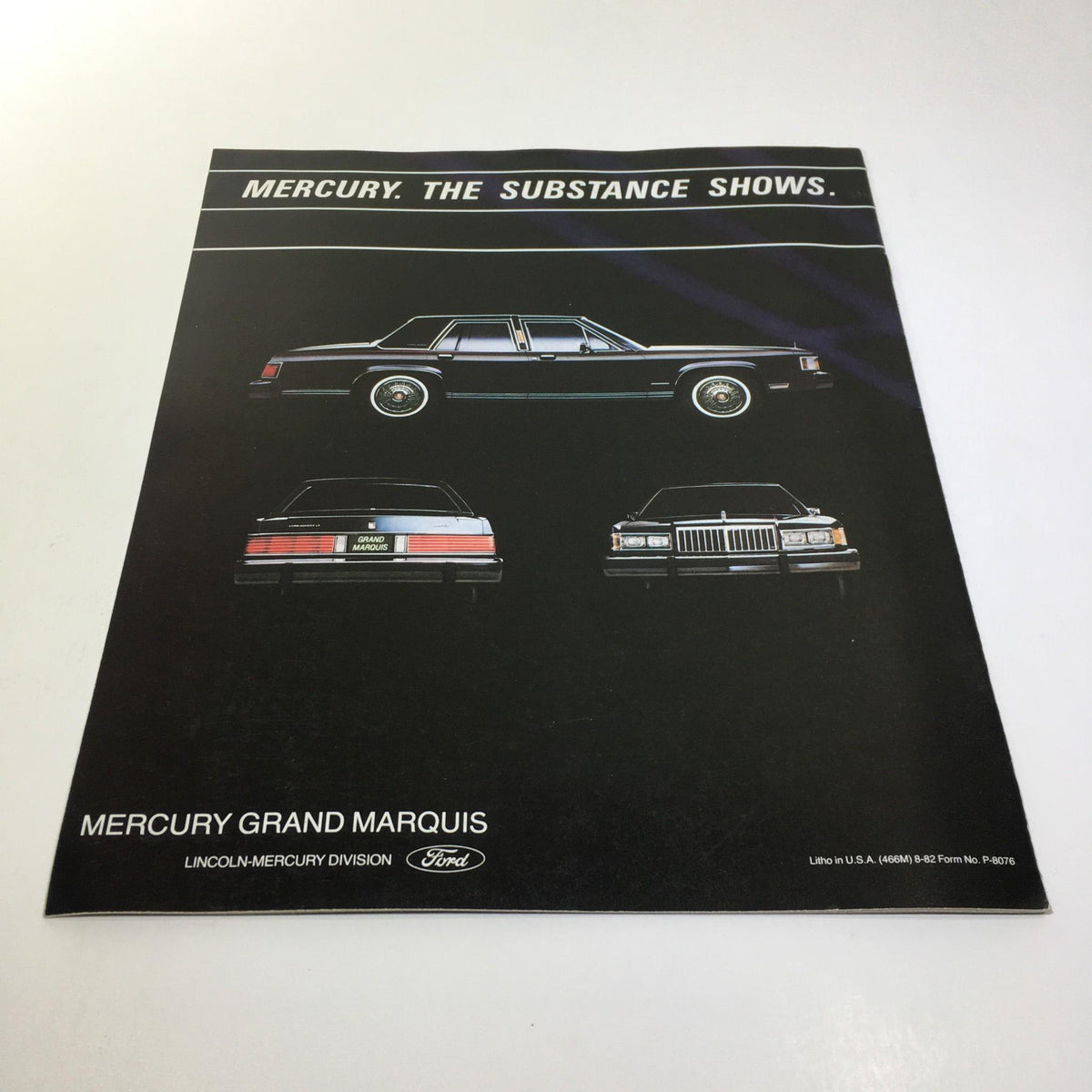 Cover image of the 1983 Mercury Grand Marquis Class Act Fuel-Injected 5.0 L V-8 Engine Car brochure displaying a black sedan with stylish front and rear views.