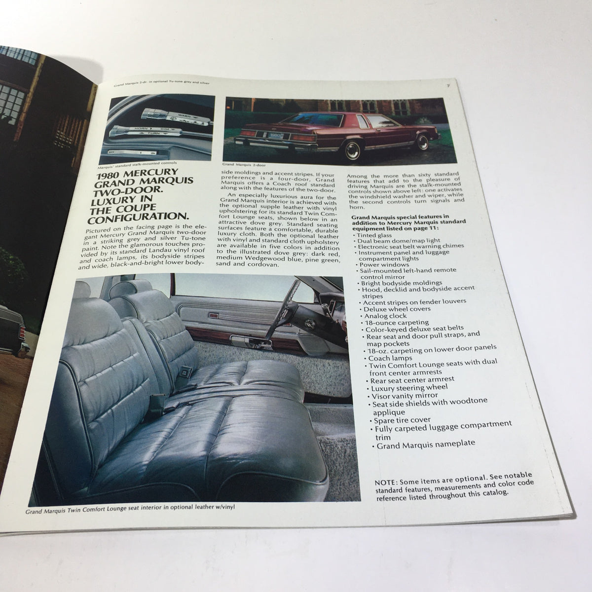 Detailed view of the interior features in the 1980 T980 Mercury Marquis 5.2 Liter 302 CID V-8 Engine Car Sale Brochure detailing luxury seating and interior design.
