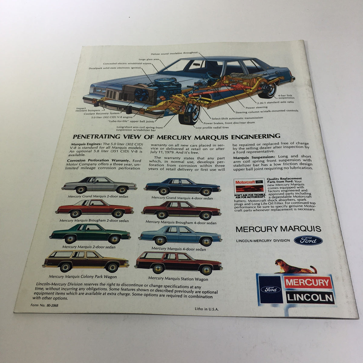 Penetrating view of Mercury Marquis engineering showcasing the 1980 T980 Mercury Marquis 5.2 Liter 302 CID V-8 Engine Car Sale Brochure. Detailed illustration highlighting components and features.