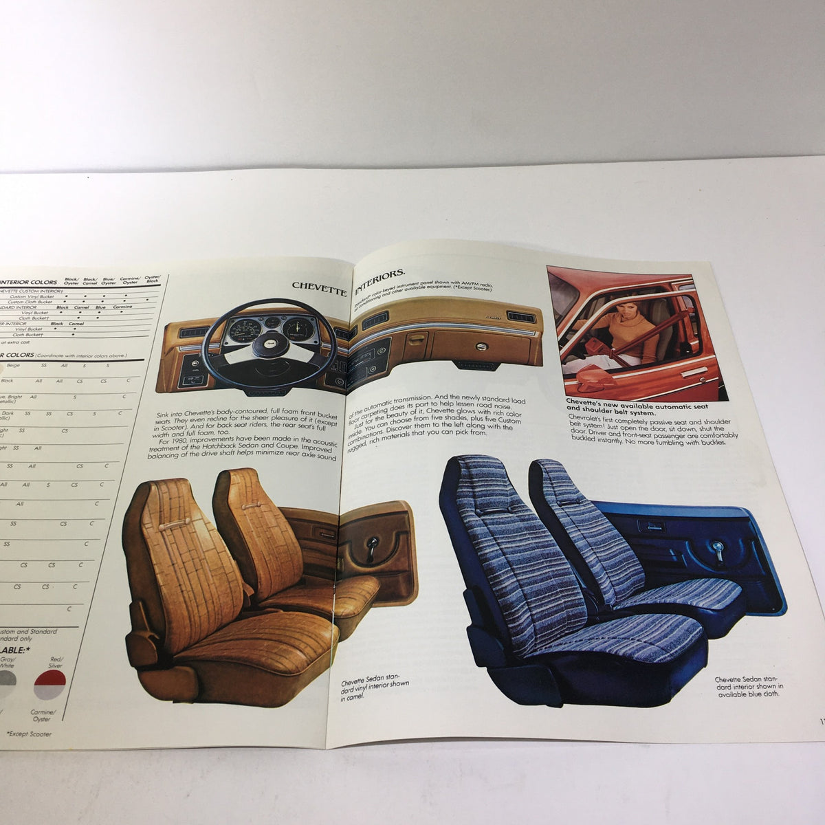 Interior features detailed in the 1980 Chevrolet Chevette brochure, including seating options and dashboard design.