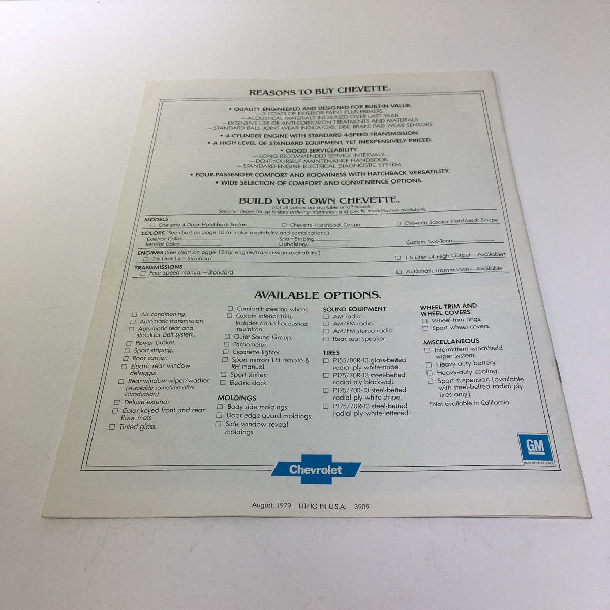 Back cover of the 1980 Chevrolet Chevette brochure outlining reasons to buy and available options for customization.