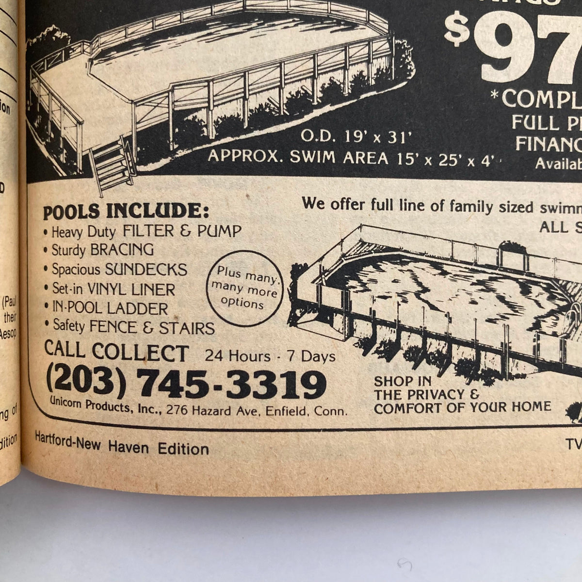 Advertisement from the TV Guide Magazine July 17, 1982, Hartford-New Haven edition. Features a pool promotional ad with details on dimensions and features, appealing to local buyers.