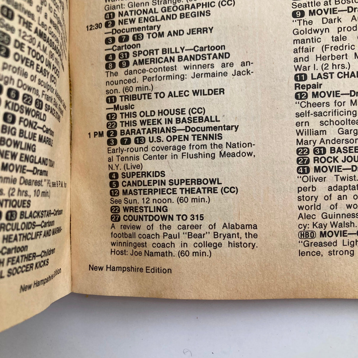 Inside page of TV Guide Magazine from September 4, 1982 showing the programming schedule for New Hampshire, detailing various shows and timings in a classic layout.