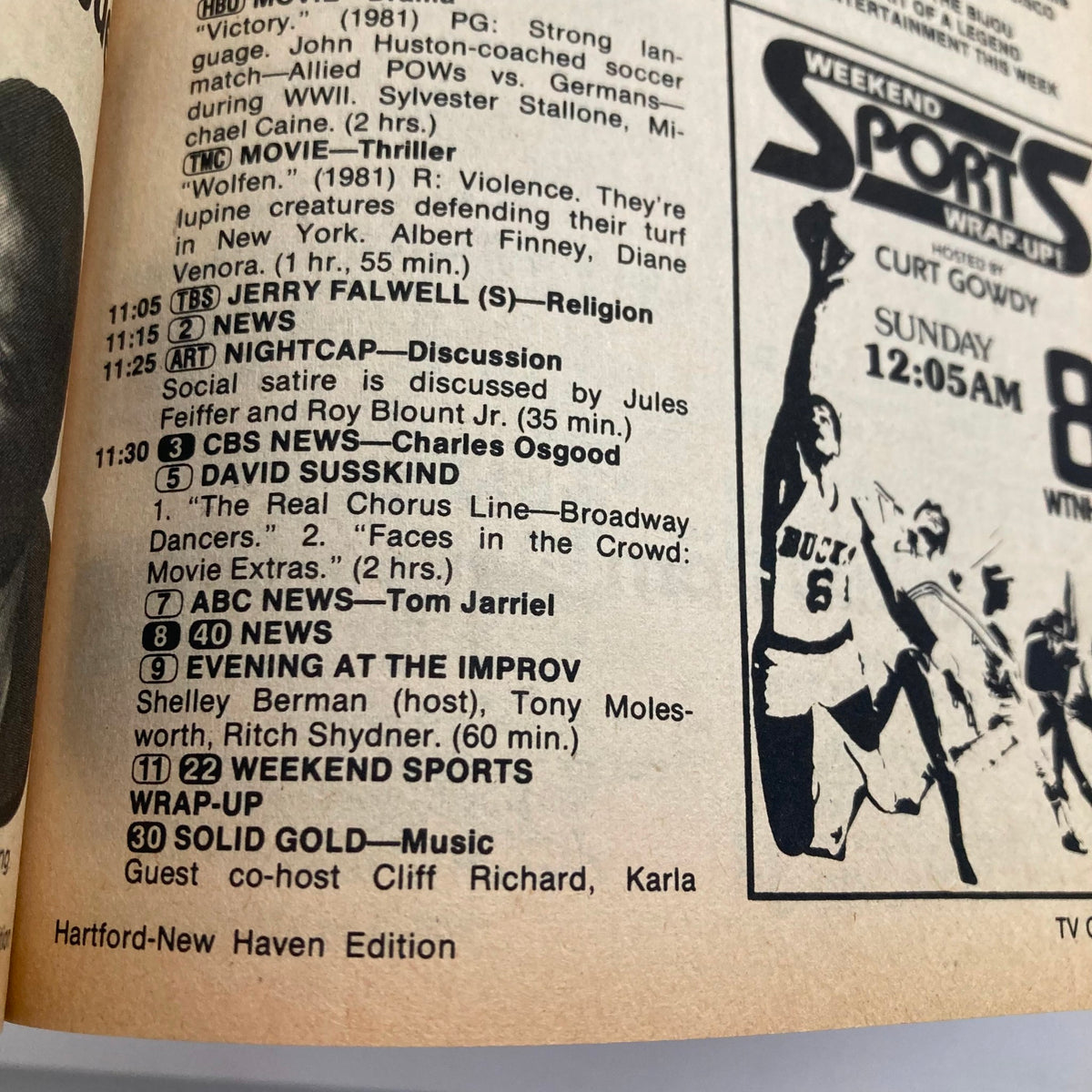 Inside page of TV Guide Magazine from July 31, 1982 containing television listings including Jerry Falwell, CBS News, and various shows in the Hartford-New Haven Edition.
