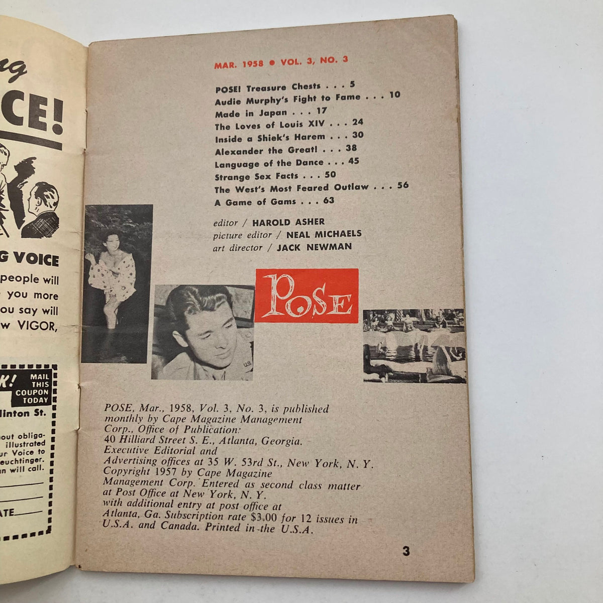 Interior page of VTG Pose The Picture Magazine May 1958, Volume 3, Number 3, showcasing the table of contents including 'Loves of Louis XIV'.
