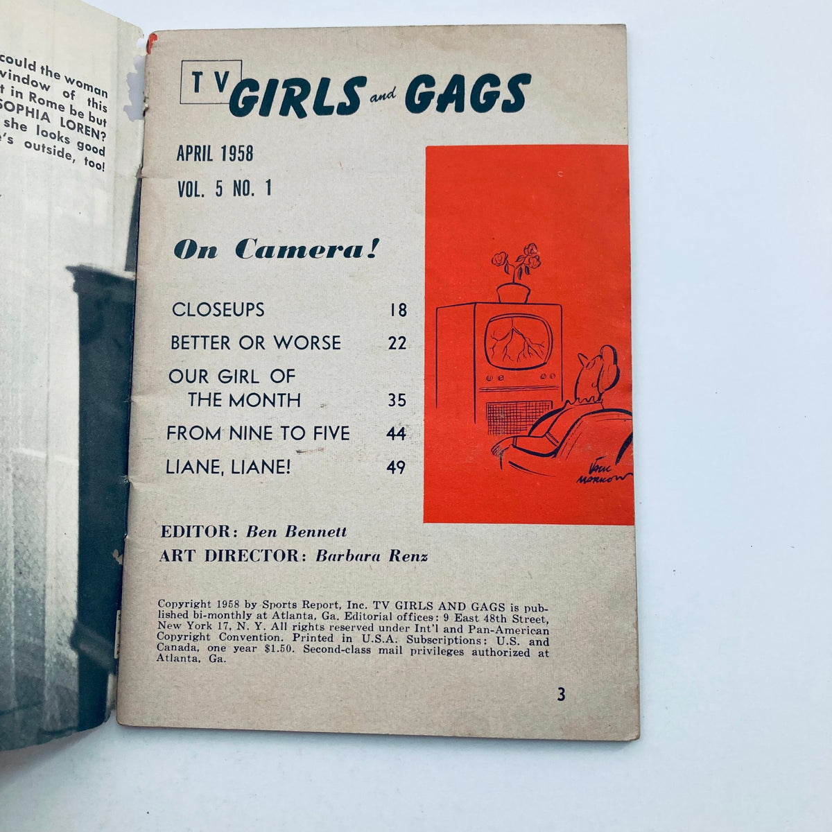 Inside page of VTG TV Girls and Gags Magazine April 1958 Vol 5 No. 1 displaying table of contents with features such as 'On Camera!' and editorial credits.