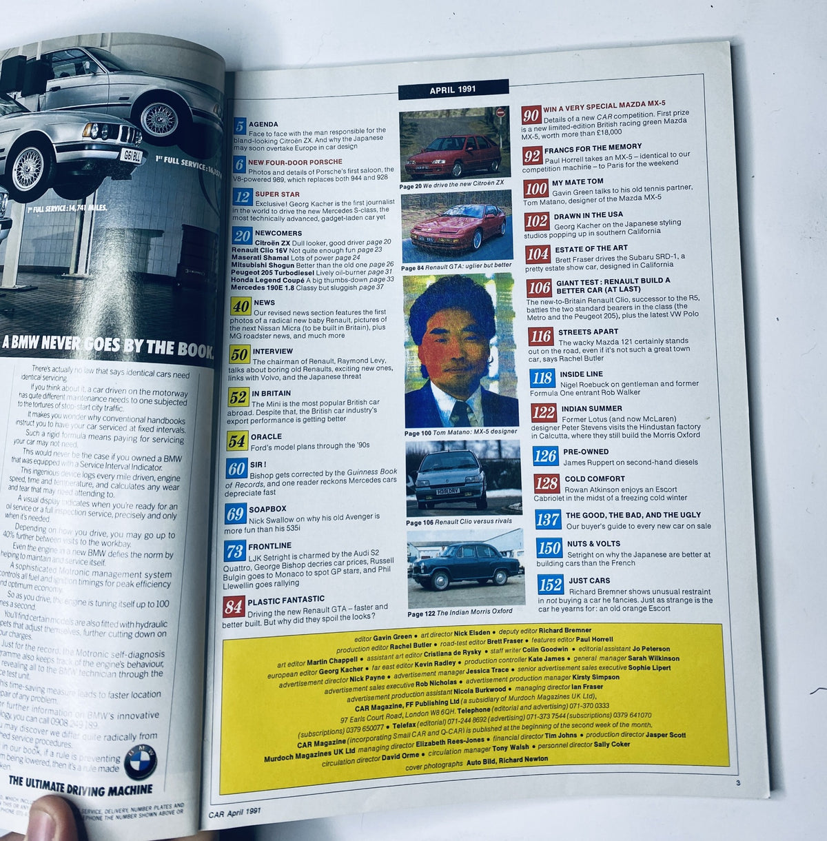 Inside page of CAR Magazine April 1991, showcasing the table of contents with articles about the new four-door Porsche, the Mercedes S-Class, and other automotive news.