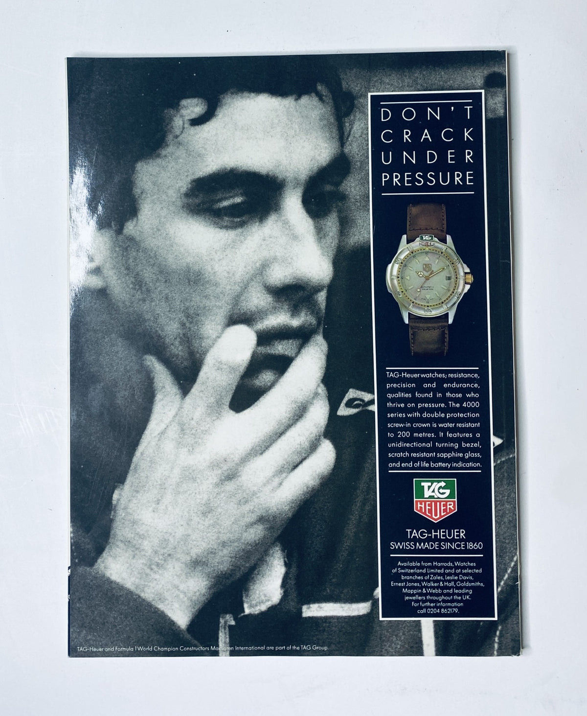 Back cover of CAR Magazine April 1991 featuring a TAG Heuer advertisement. Promotes the brand's watch model with a strong visual impact and tagline, tying back to the themes of speed and precision in automotive performance.