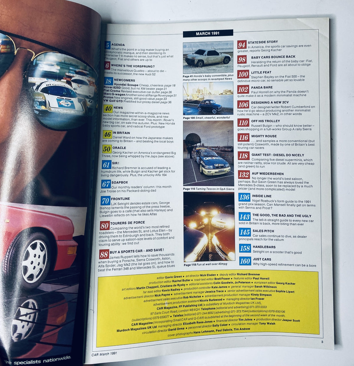 Table of contents from CAR Magazine March 1991 featuring articles including 'Stakeside Story', 'Baby Cars Bounce Back', and 'Tourers de Force' with insights on automotive trends and tests.