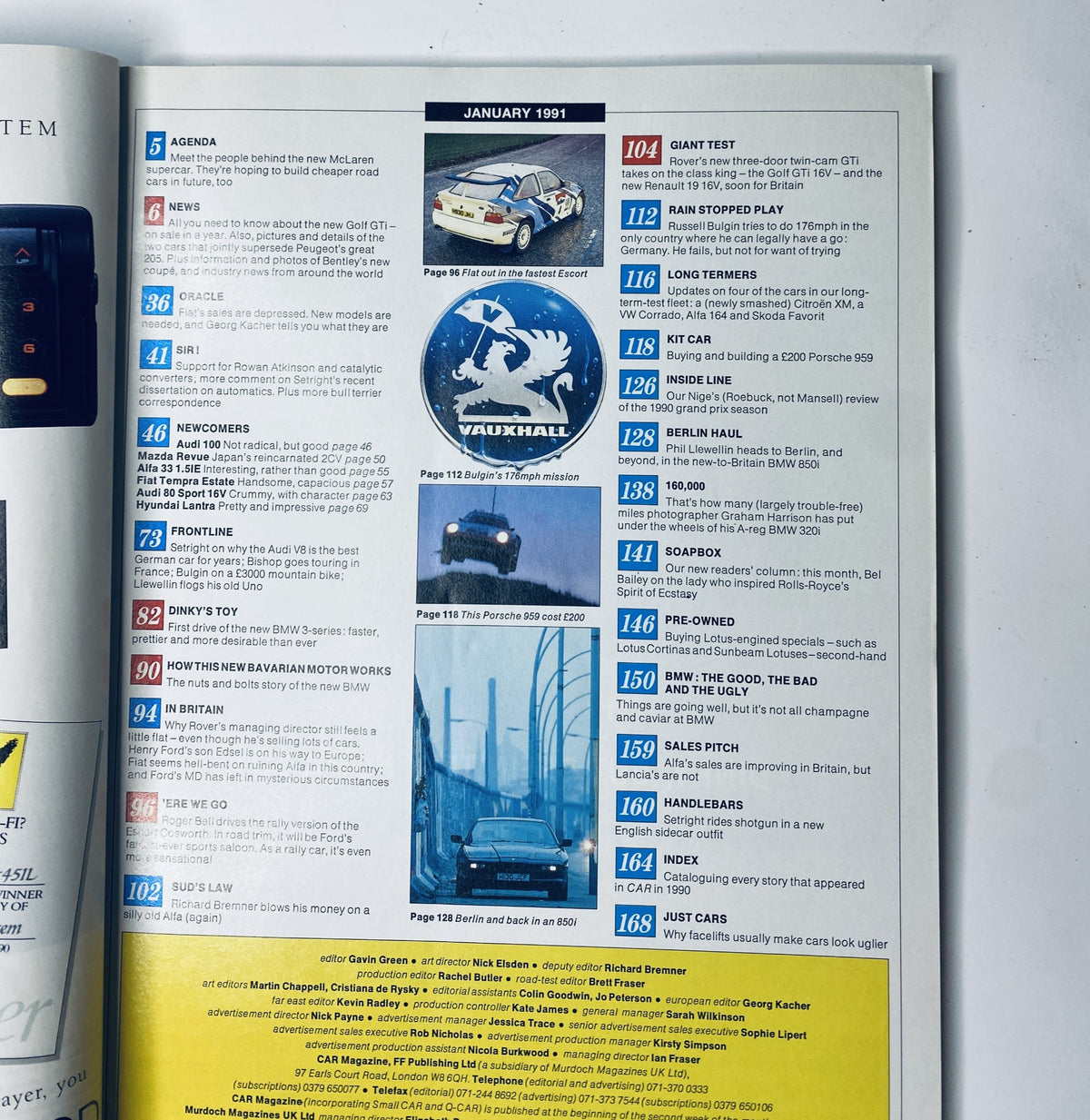 Table of contents for CAR Magazine January 1991, outlining featured articles including news on new car models and industry updates.