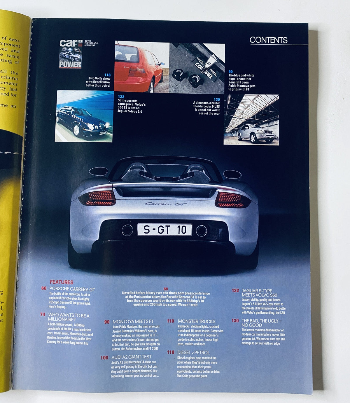 CAR Magazine February 2001 featuring Porsche Carrera GT, detailed table of contents including features on Bentley, Ferrari, and Diesel vs Petrol testing.