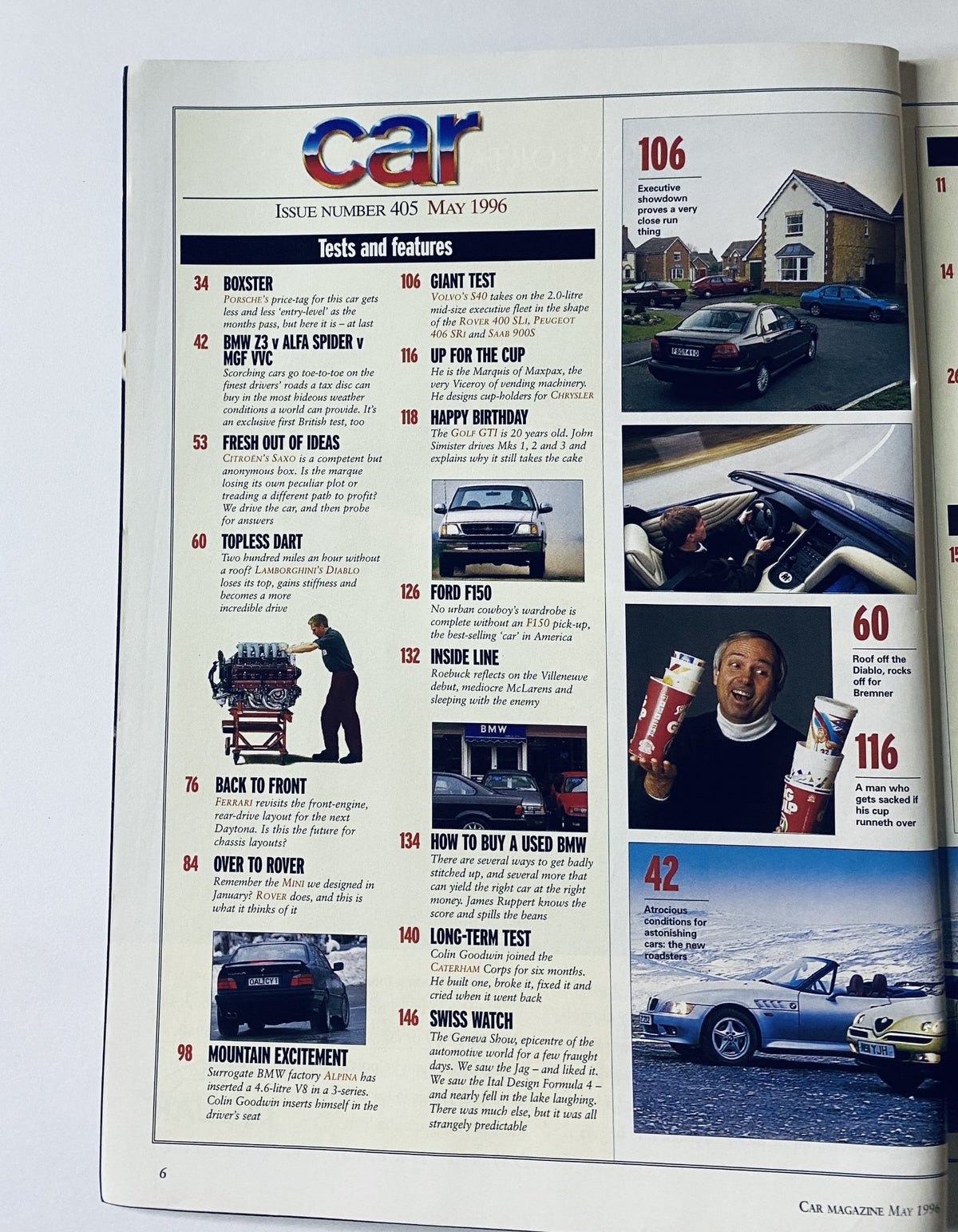 Table of contents page from CAR Magazine May 1996, showcasing features on the Porsche Boxster, BMW Z3, Alfa Spider, and various automotive tests and articles.
