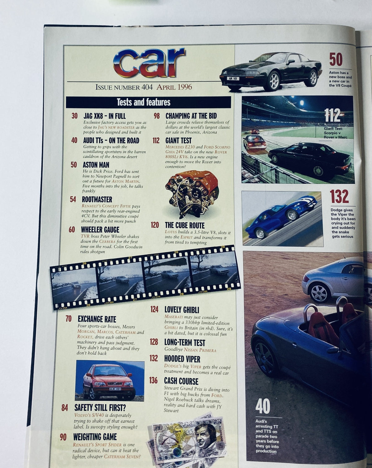 Table of contents page from CAR Magazine April 1996, listing tests and features including Jaguar XK8, Aston Martin, and DVD film strip design.