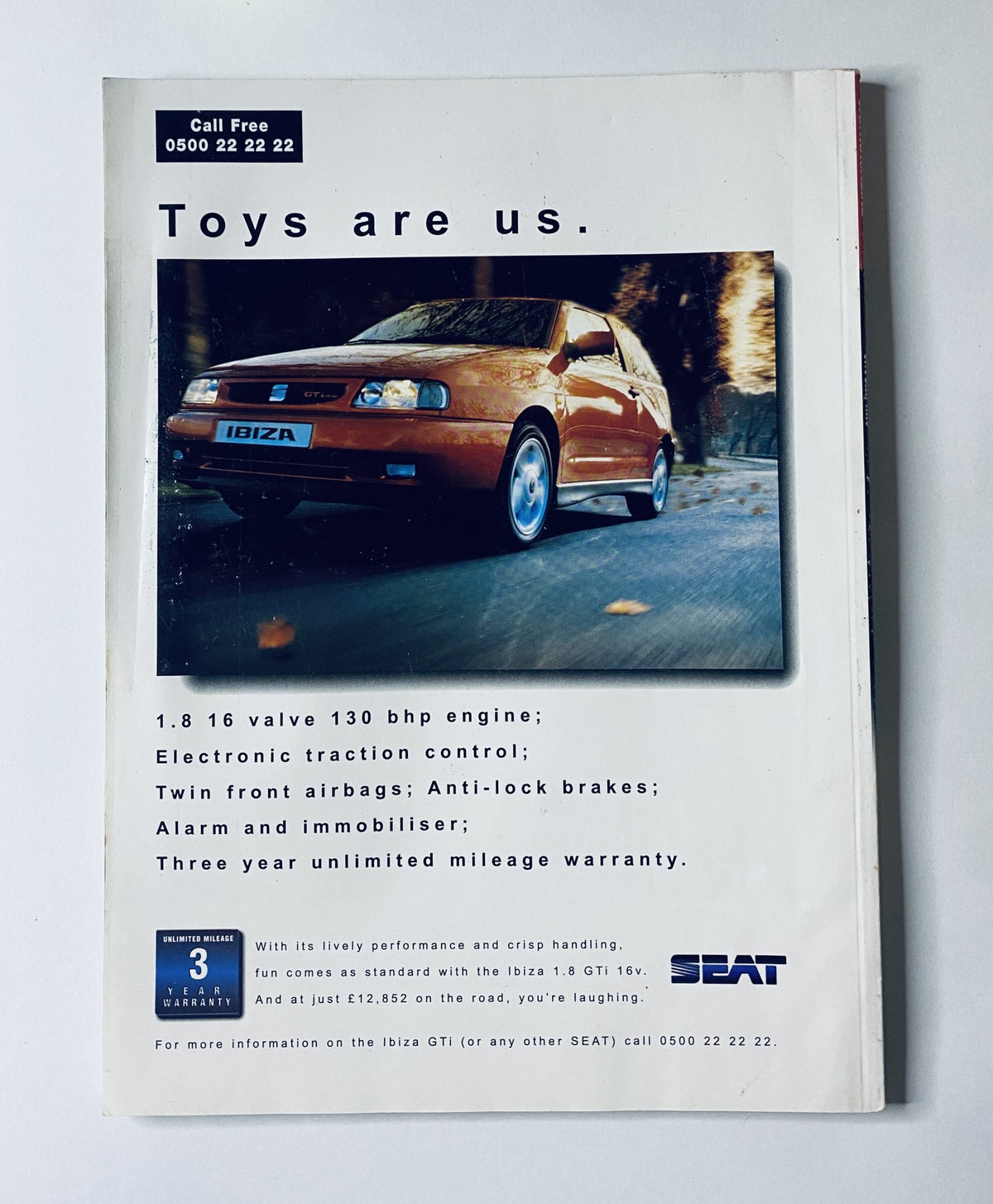 Cover of CAR Magazine April 1996 featuring a vibrant orange SEAT Ibiza. The cover highlights key specifications and features including a 1.8 valve 130 bhp engine, electronic traction control, and anti-lock brakes. The magazine also includes exclusive tests of Jaguar XK8, Audi TT, Lotus Esprit, and Cerbera.