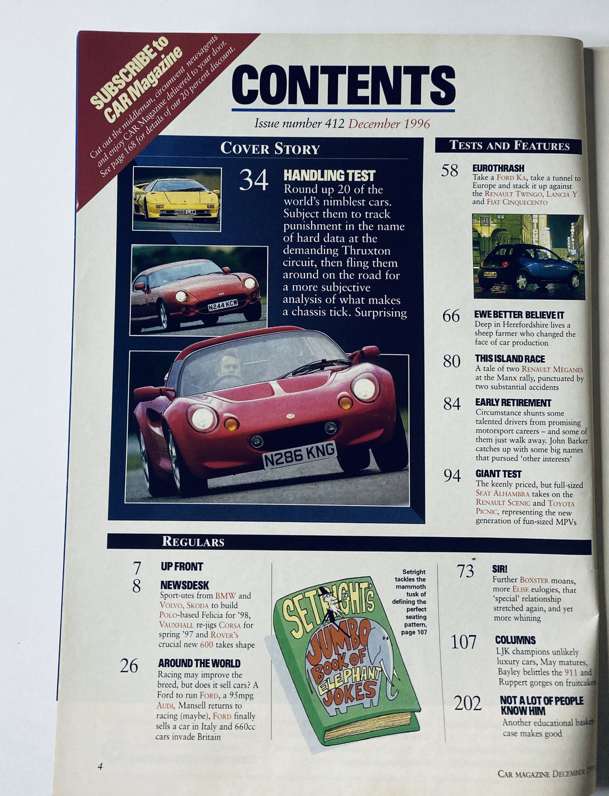 Contents page of CAR Magazine December 1996, featuring the Handling Test article, which rounds up 20 nimble cars analyzed at the Thruxton circuit. Highlights other sections like Eurothrash.