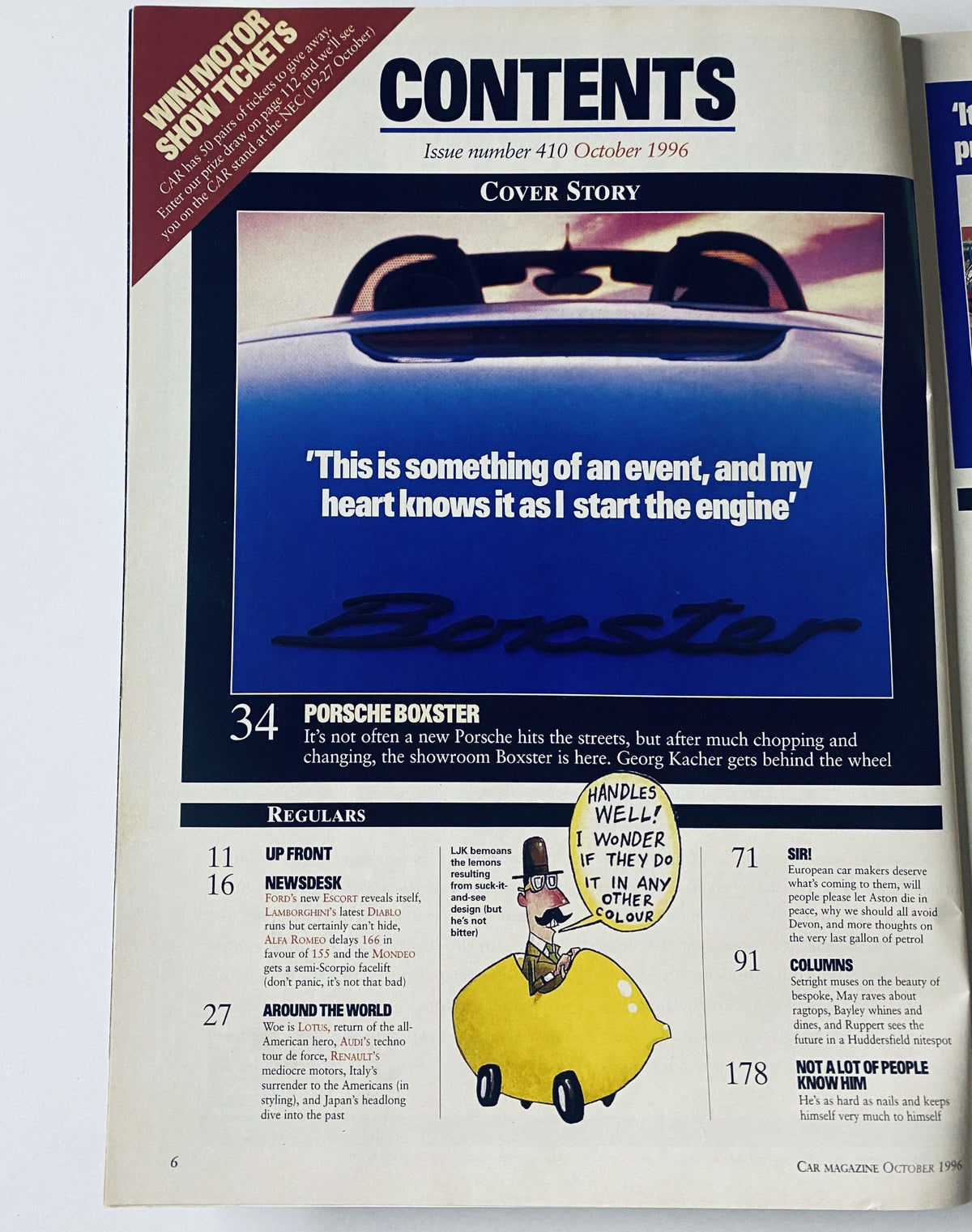 Contents page of CAR Magazine October 1996, highlighting the cover story on the Porsche Boxster, with additional features and regulars in the magazine including Caterham 21 vs Lotus Elise.
