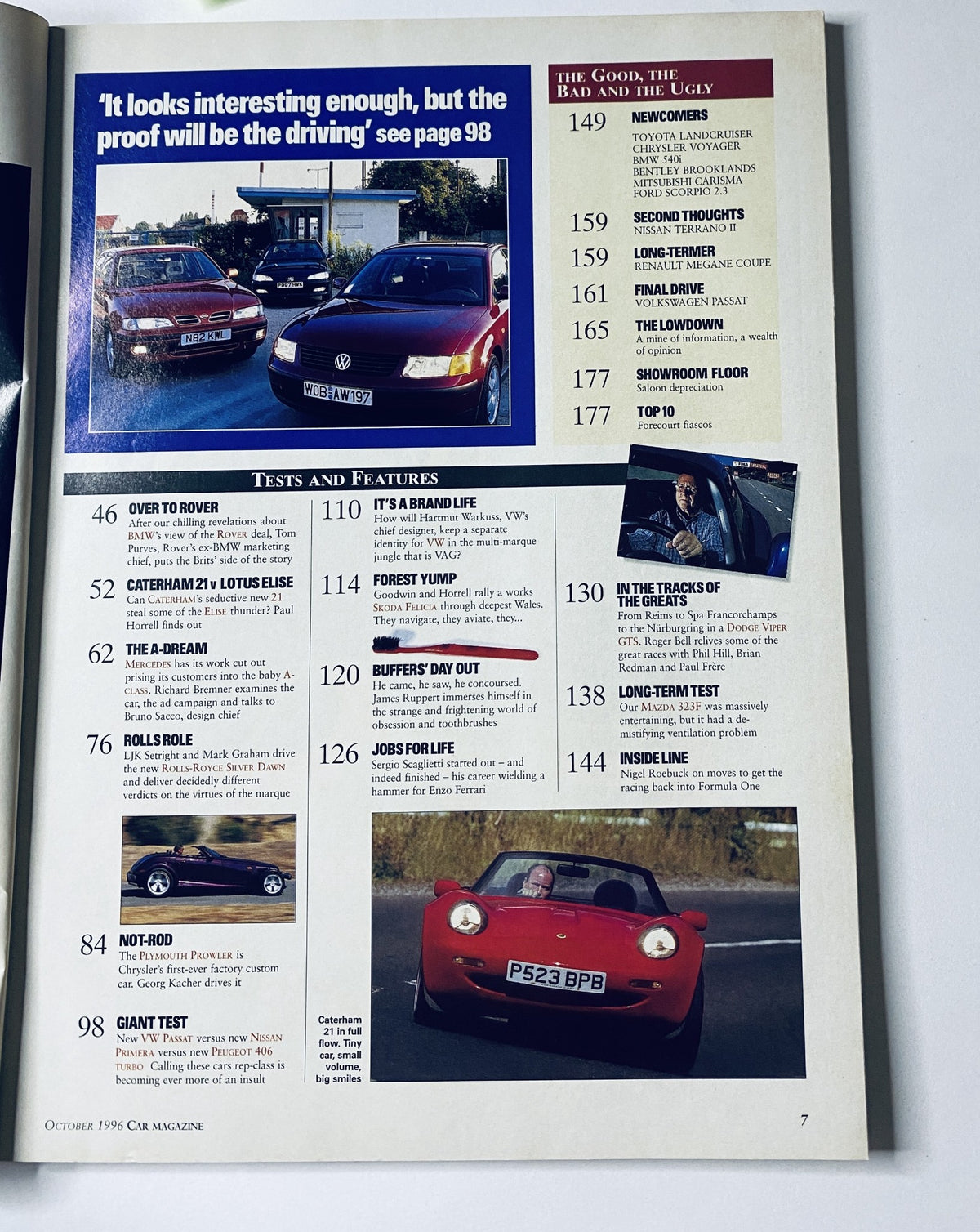 CAR Magazine October 1996 featuring Tests and Features section with content on Porsche Boxster, Caterham 21, and Lotus Elise alongside an article on vehicle reviews and automotive news.