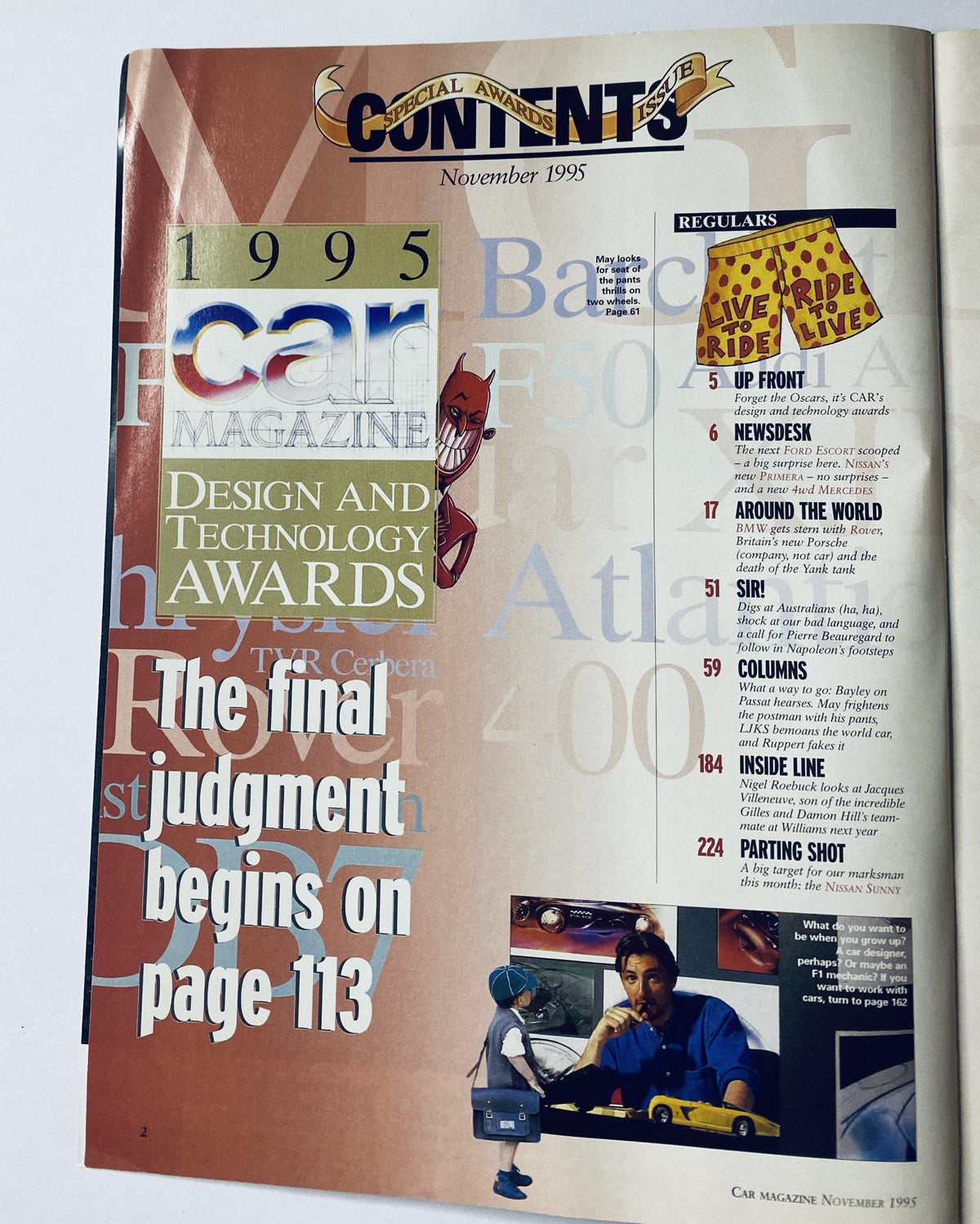 Contents page of CAR Magazine November 1995, highlighting the special design and technology awards, with the note that the final judgment begins on page 113.