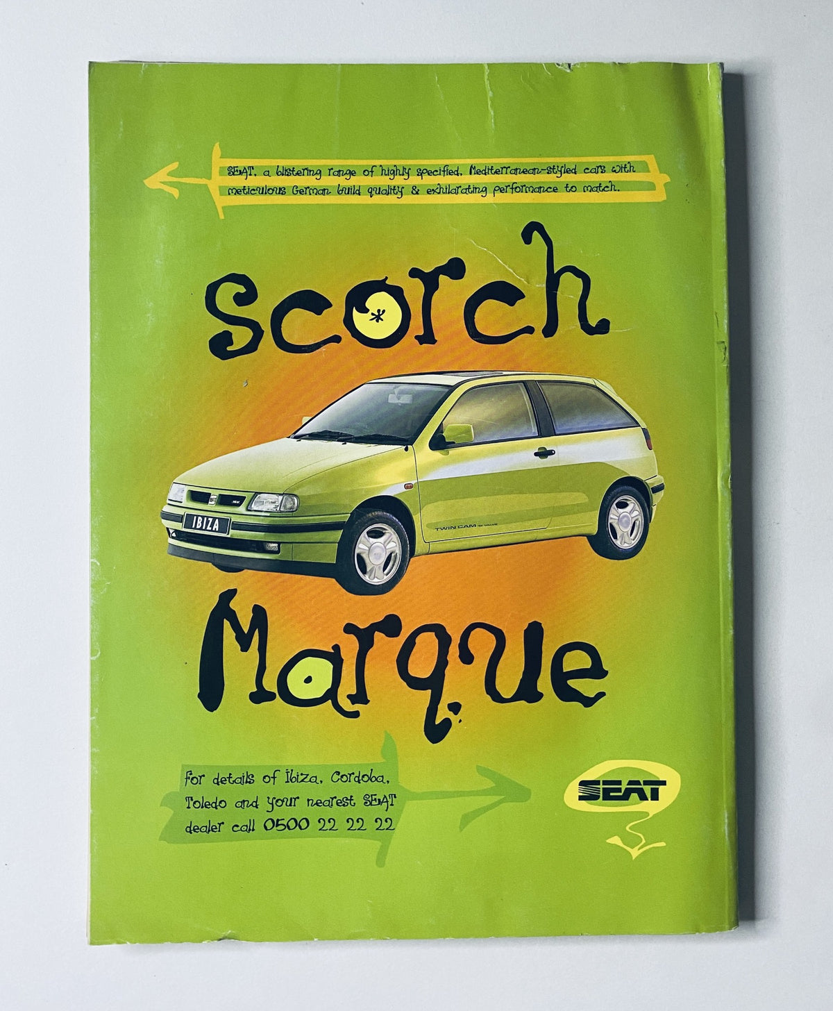 Cover of CAR Magazine November 1995 featuring a vibrant green SEAT Ibiza with the title 'Scorch Marque', showcasing the new Escort, BMW 5-Series Test, and TVR Cerbera Review.