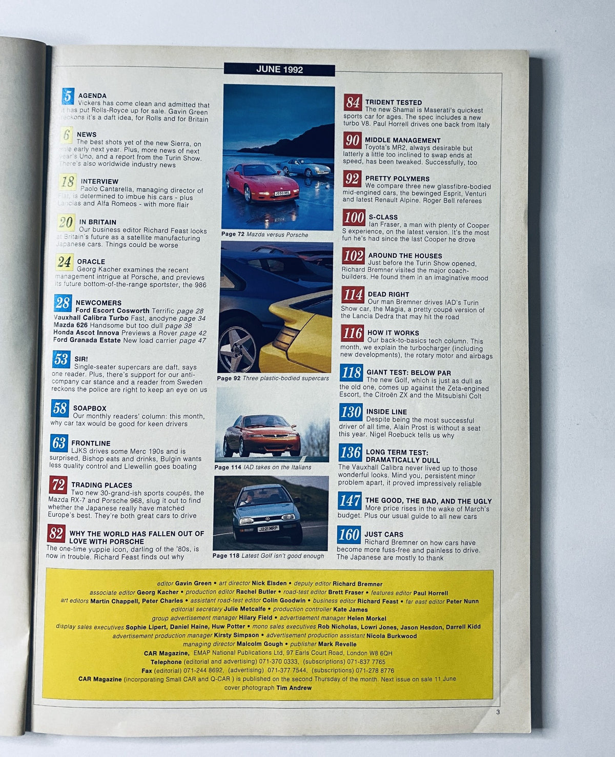 Table of contents for CAR Magazine June 1992, listing features such as Mazda RX-7 vs Porsche 968 comparison and various automotive interviews and reviews. Title: CAR Magazine June 1992 Mazda RX-7 vs Porsche 968, Newcomers, S-Class Review.