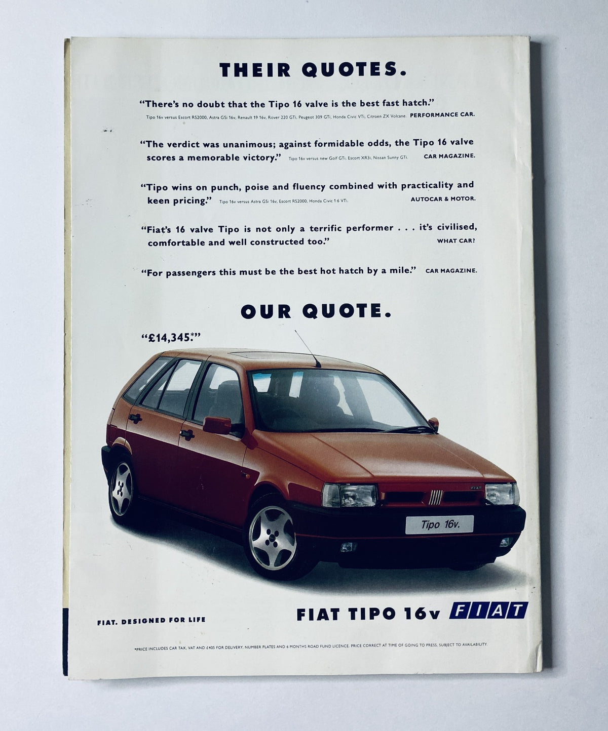 Back cover of CAR Magazine June 1992 showcasing a Fiat Tipo 16v advertisement with a quote, emphasizing its performance. Title: CAR Magazine June 1992 Mazda RX-7 vs Porsche 968, Newcomers, S-Class Review.
