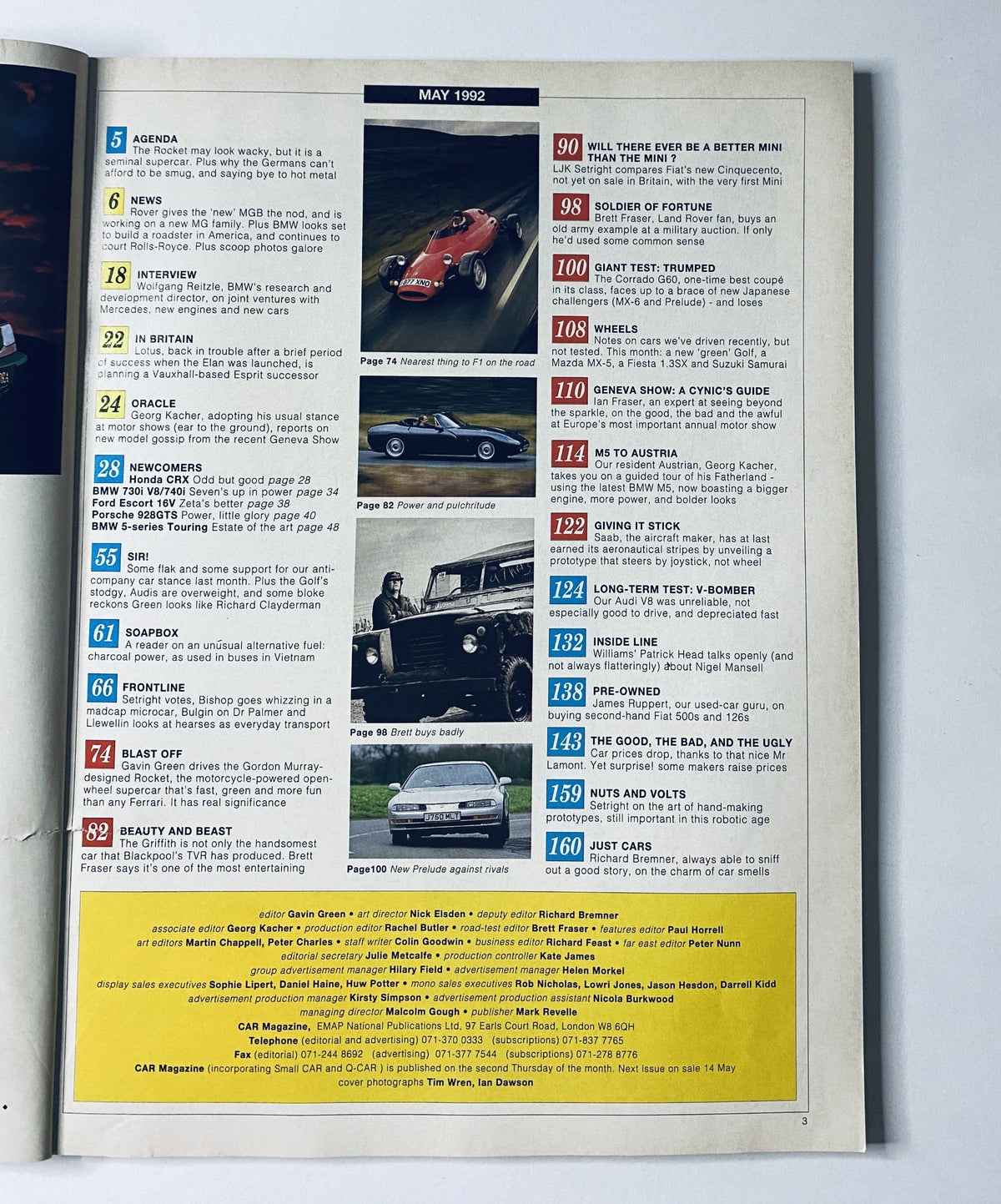 Table of contents from CAR Magazine May 1992 featuring TVR Griffith Rocket, BMW, and Porsche tests. Includes sections on automotive news, interviews, and new car reviews.