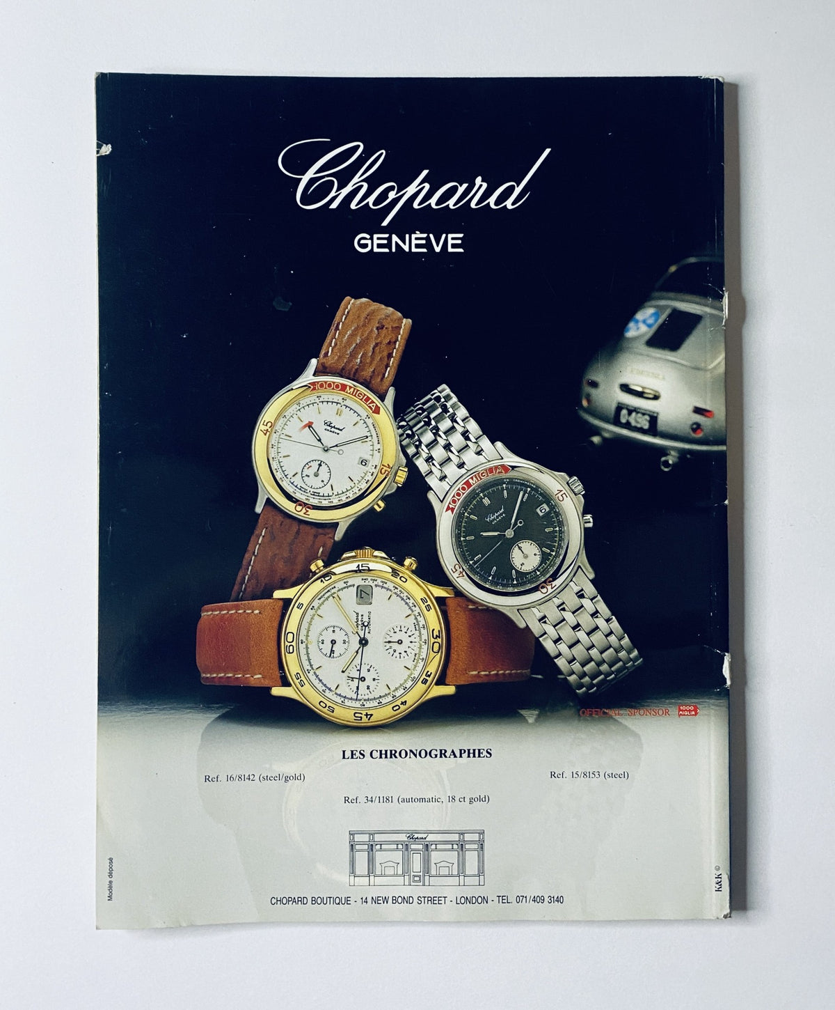 Chopard advertisement featuring luxury watches, displayed elegantly with a car in the background, from CAR Magazine May 1992.