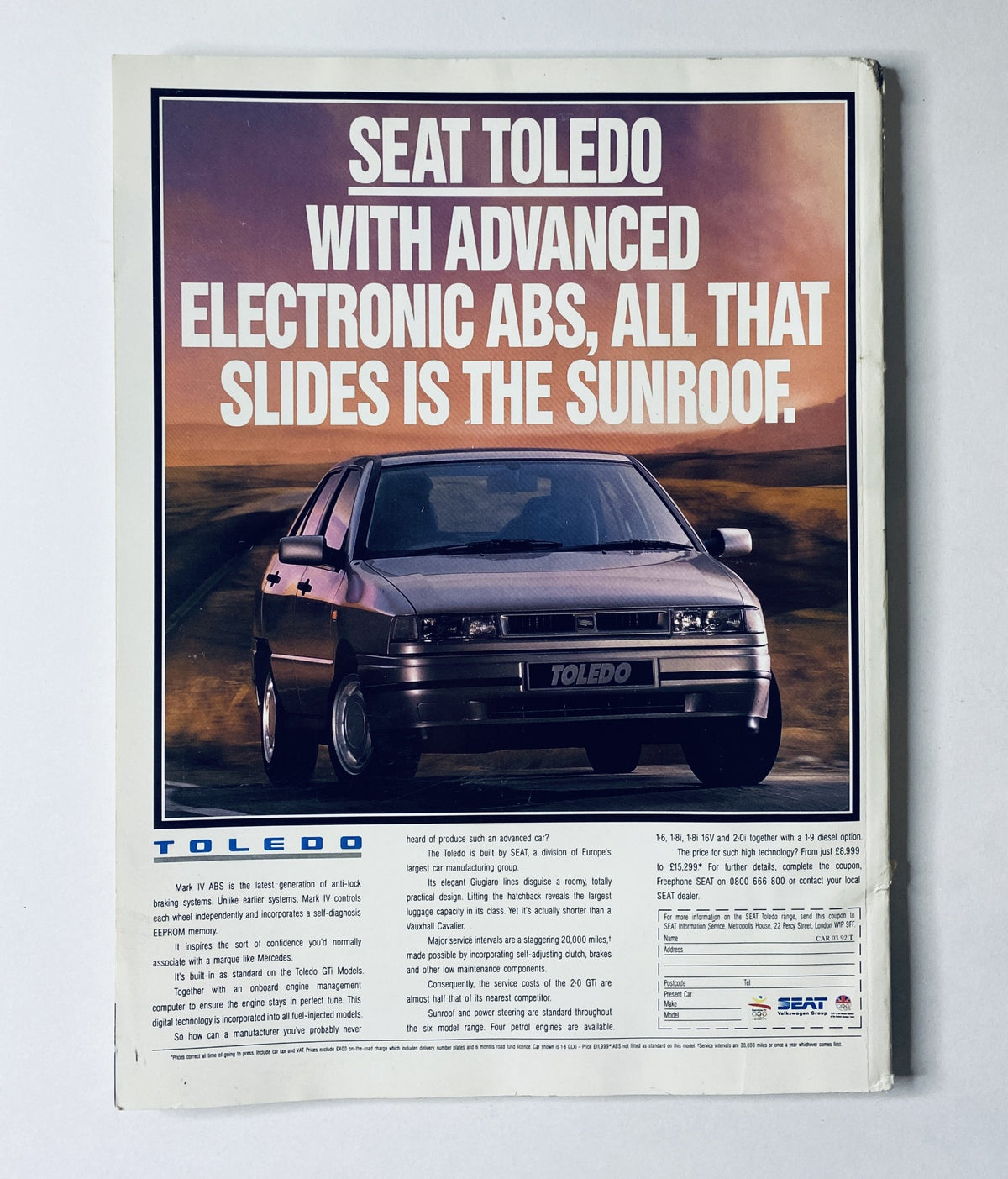 Advertisement for the SEAT Toledo from CAR Magazine March 1992 promoting features like advanced electronic ABS and sunroof functionality.