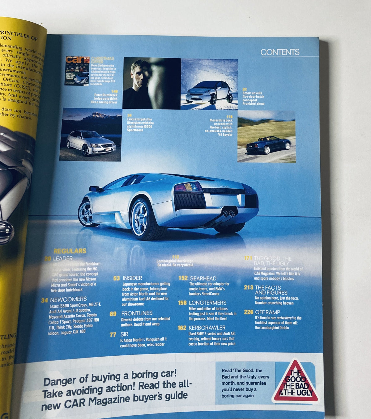 Table of contents from CAR Magazine Nov 2001 showcasing various articles including Lamborghini Murciélago, BMW 7-Series, and Lexus IS300 SportCross.