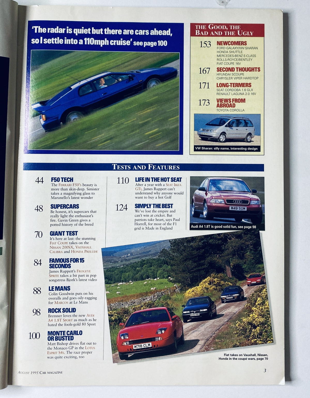Page from CAR Magazine August 1995 featuring topics such as Ferrari F50 first drive, Fiat Coupé, and Le Mans highlights. Includes an overview of tests and features in the automotive industry.