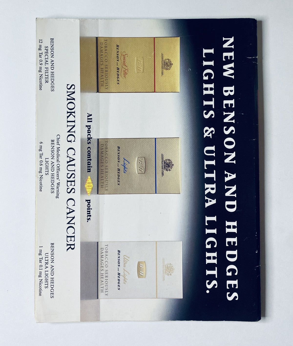 Back cover of CAR Magazine August 1995 showing Benson and Hedges cigarette packaging with a health warning, highlighting the advertising and marketing themes of the period.
