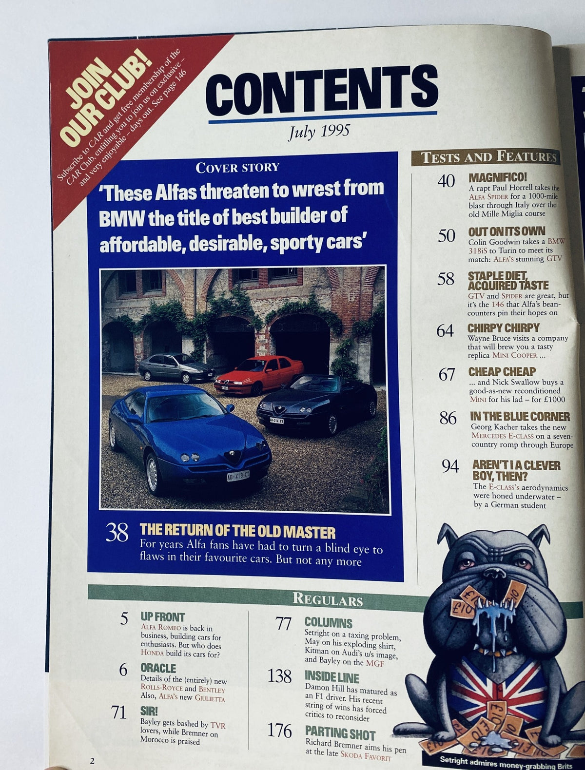 Table of contents from CAR Magazine July 1995 highlighting cover story about Alfa cars and their competition with BMW.