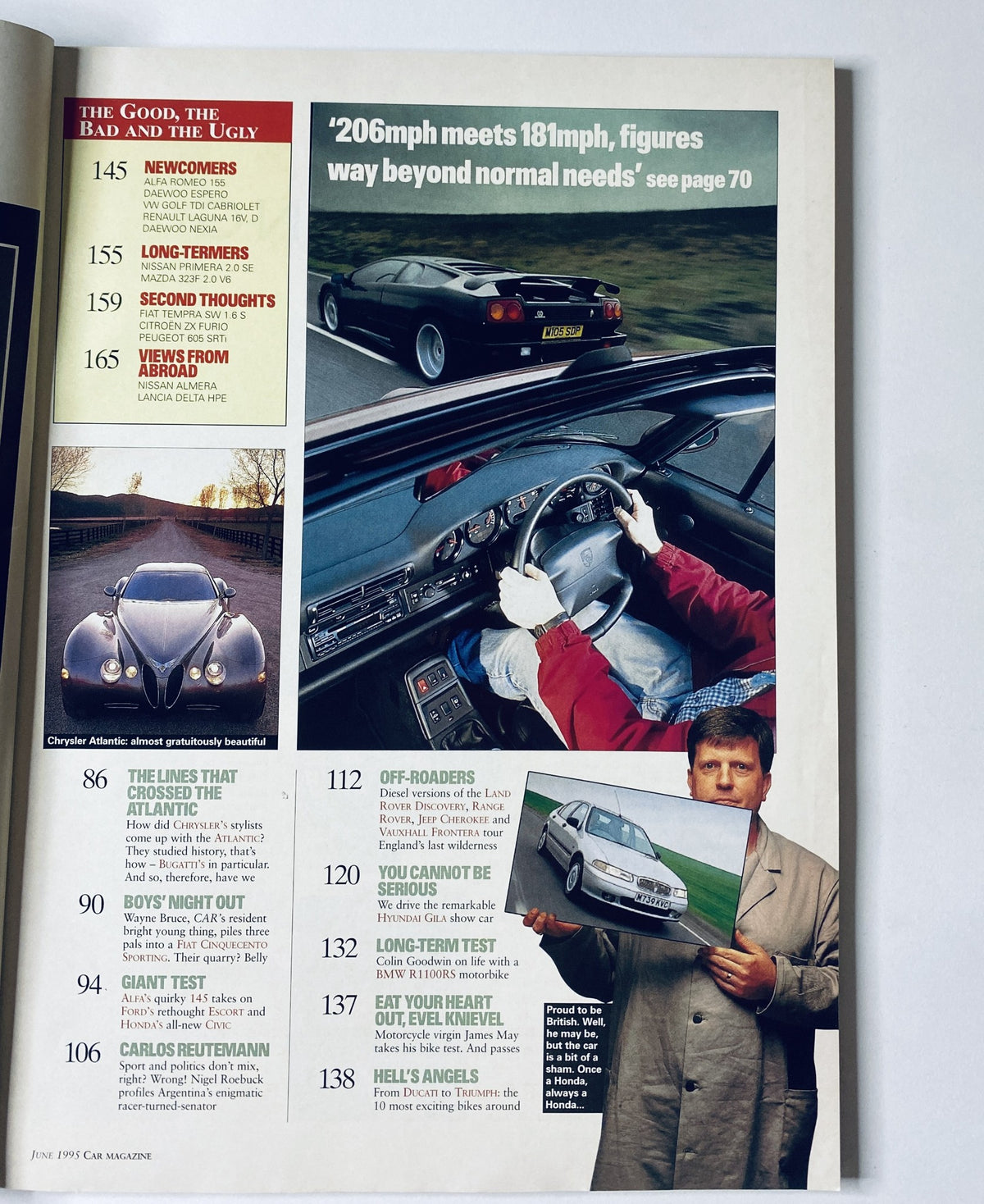 Interior page of CAR Magazine June 1995 detailing various articles, including topics on the fastest production cars and a review of Alfa Romeo models.