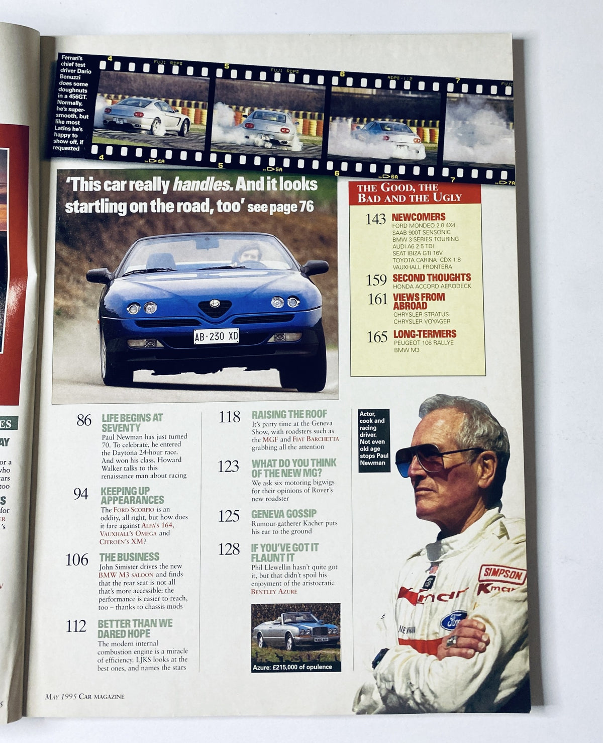 Page from CAR Magazine May 1995 displaying reviews and features, including discussions about the Alfa Romeo Spider and comments by Paul Newman.