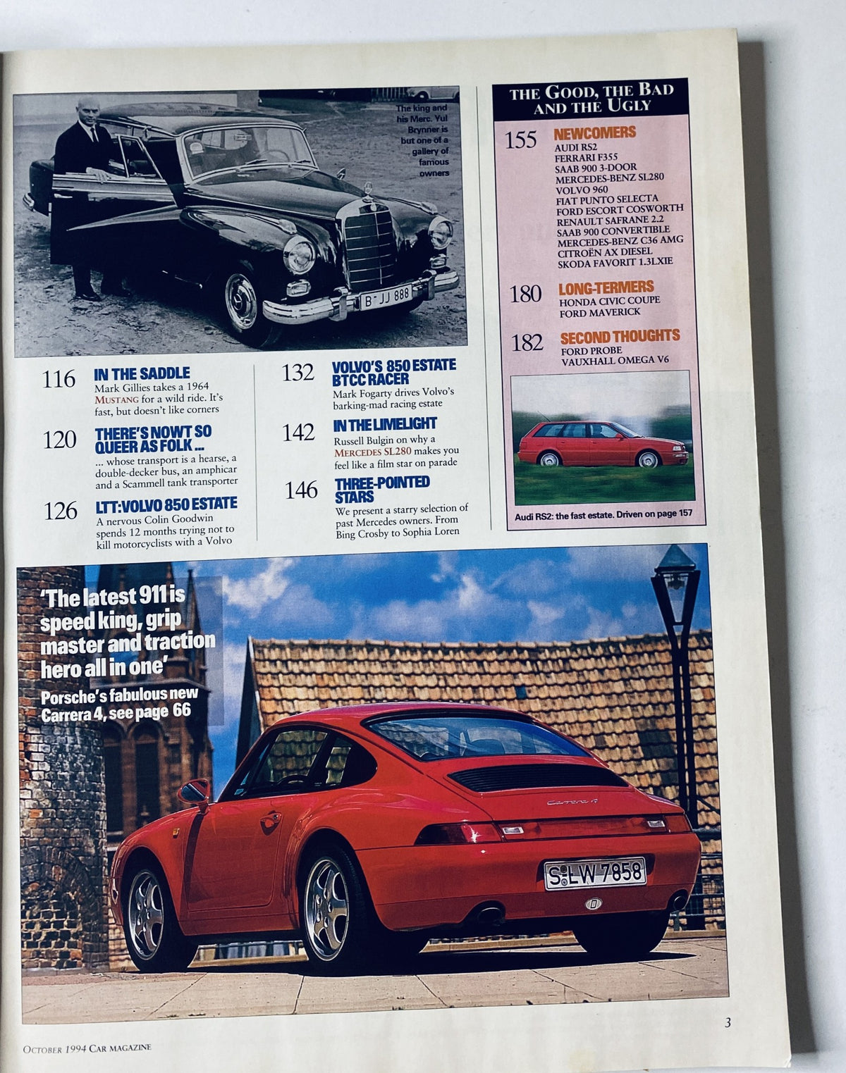 CAR Magazine October 1994 featuring a classic Mercedes car alongside a Porsche Carrera 4, showcasing stylish automobiles with the title "The Good, The Bad and The Ugly" article that includes reviews on BMW 3-series and Mercedes-Benz models.