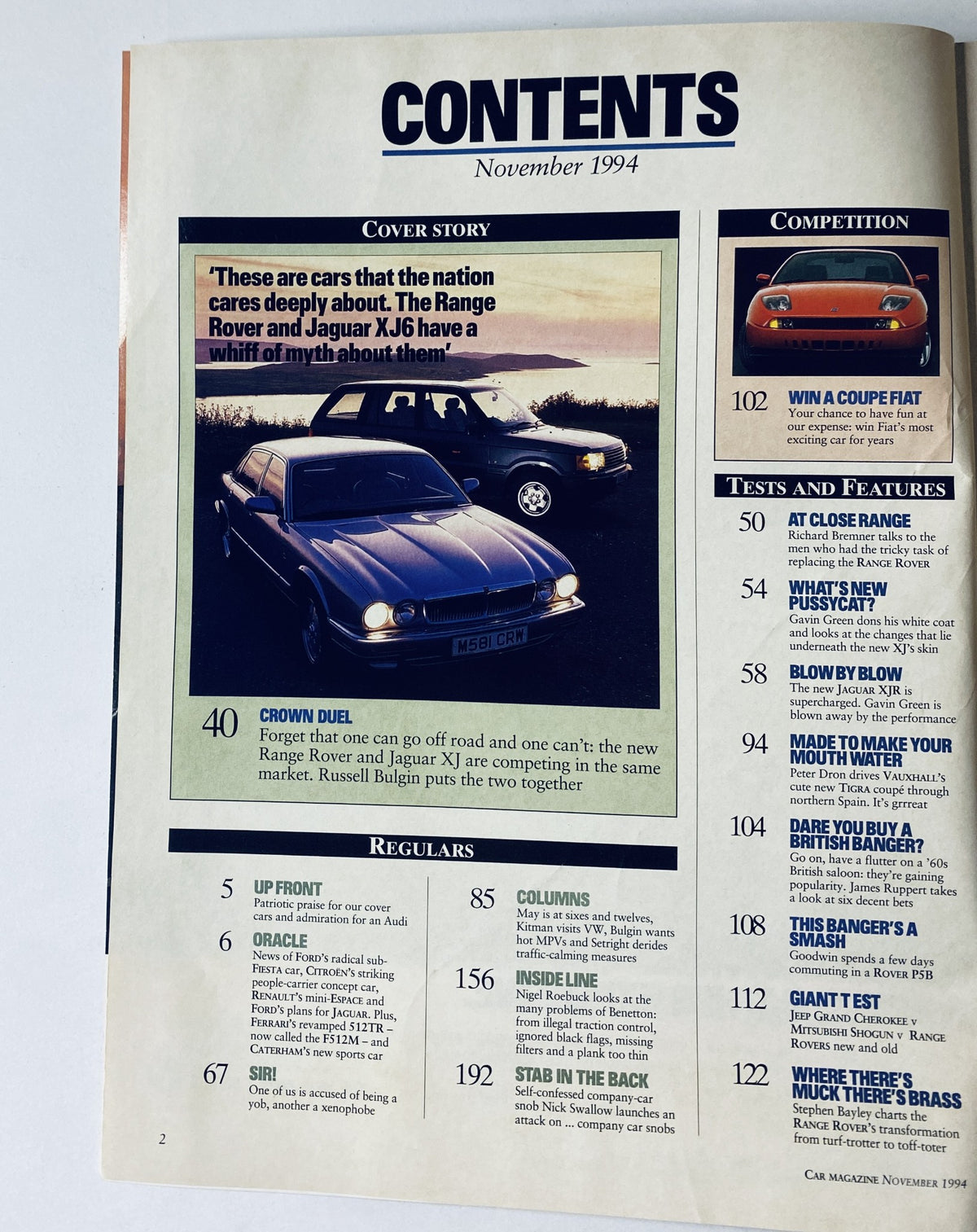 Table of contents from CAR Magazine November 1994, highlighting the cover story about the Jaguar XJ6 vs Range Rover. The page details various sections including a feature on the Crown Duel.