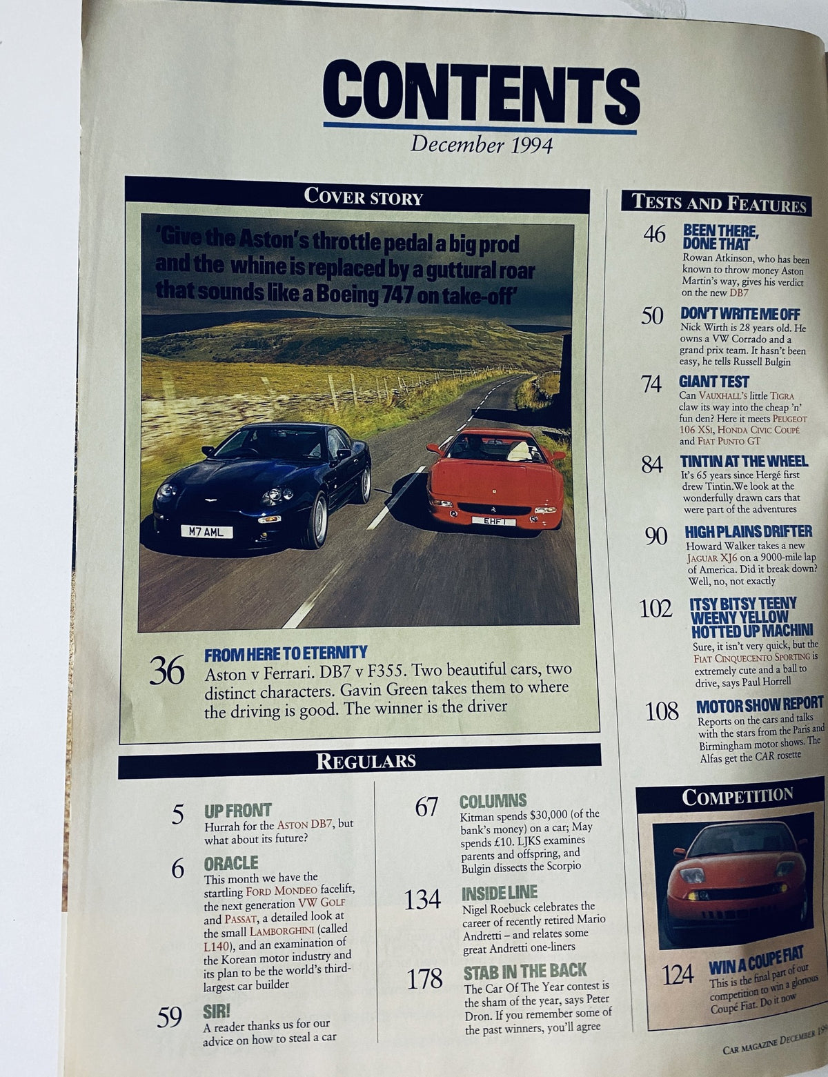Table of contents for CAR Magazine December 1994, highlighting the feature story 'From Here to Eternity' comparing Aston Martin DB7 and Ferrari F355 alongside other articles.
