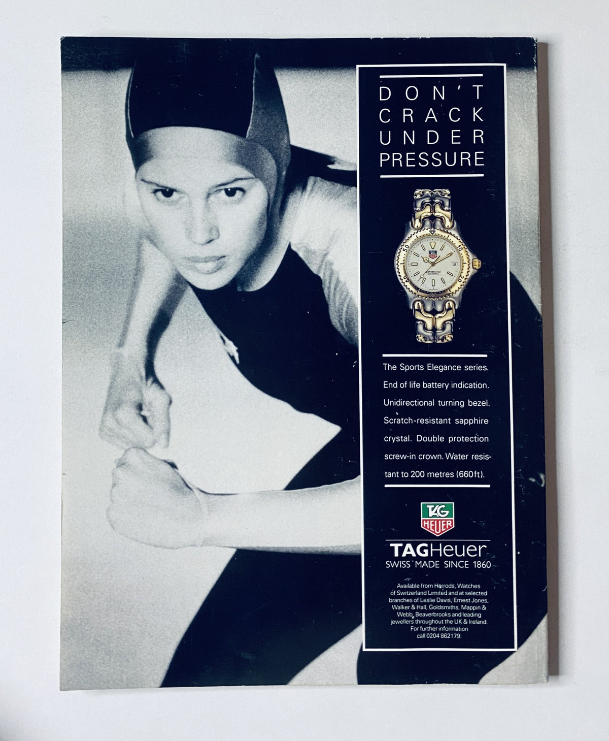 Back cover of CAR Magazine July 1994 featuring an advertisement for TAG Heuer watches with a stylish black-and-white image of a female model.
