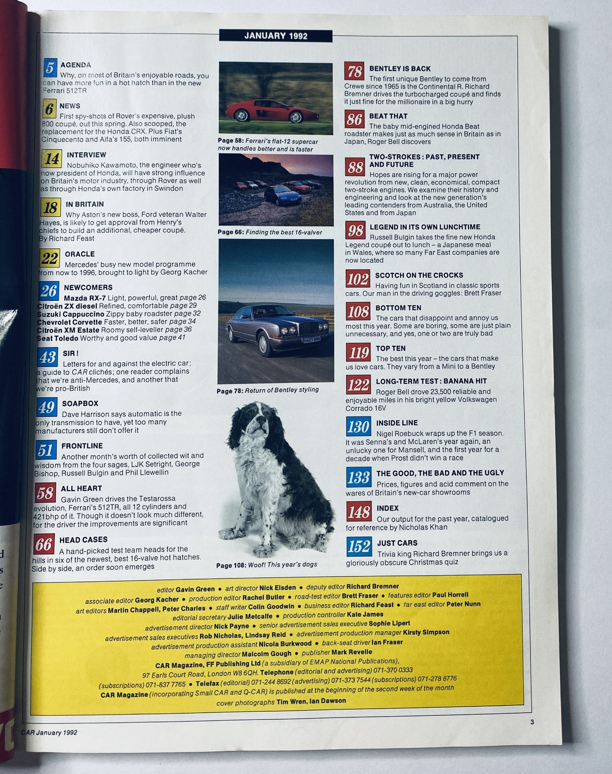 Interior page of CAR Magazine January 1992 highlighting the table of contents with features including Bentley Continental R and various car comparisons.