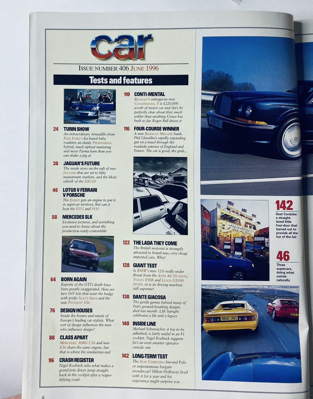 Table of Contents from CAR Magazine June 1996 listing tests and features including Bentley, Lotus vs Ferrari, and Jaguar's future.