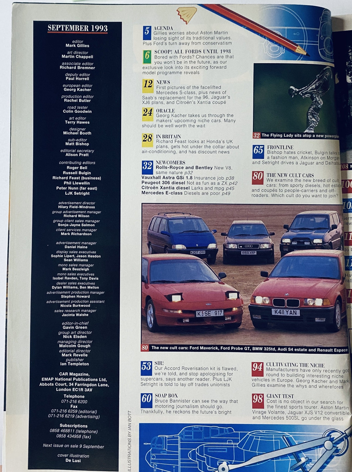 CAR Magazine September 1993 featuring a table of contents with articles about Aston Martin and Ford's new cult cars including models like the Ford Maverick and BMW 325td. Highlights include a look at niche vehicles and automotive news.