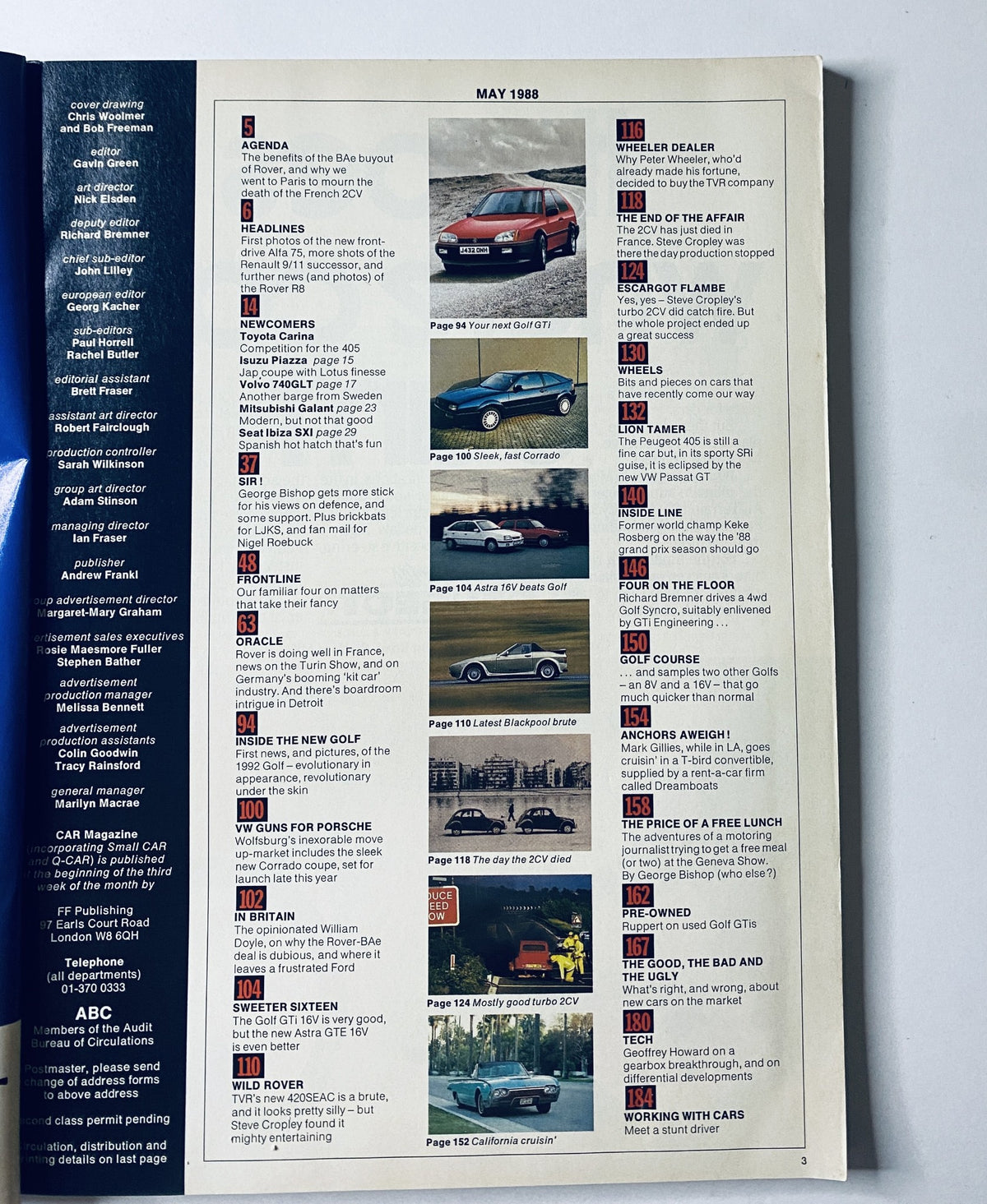Table of Contents from CAR Magazine, May 1988, outlining various features including the VW Golf GTi, Porsche news, and several other automotive updates and reviews.
