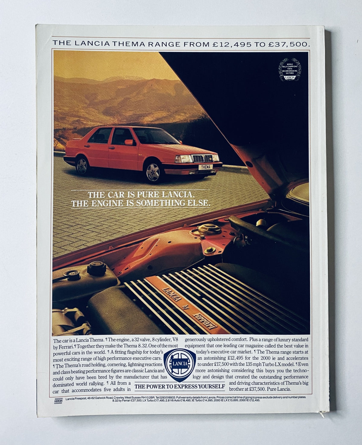 Advertisement for the Lancia Thema in CAR Magazine, May 1988, highlighting the luxury and specifications of the car, capturing attention with a striking visual appeal.